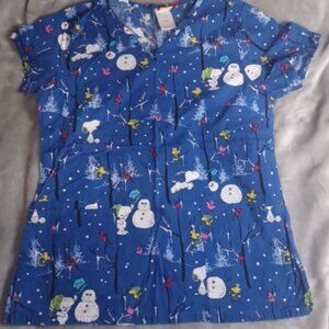 Peanuts Snoopy Winter Snowman Woodstock Cardinal Scrub Top Nurse Scrub Size S